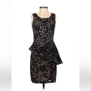 BCX black lace overlay peplum sheath cocktail party dress, size 0